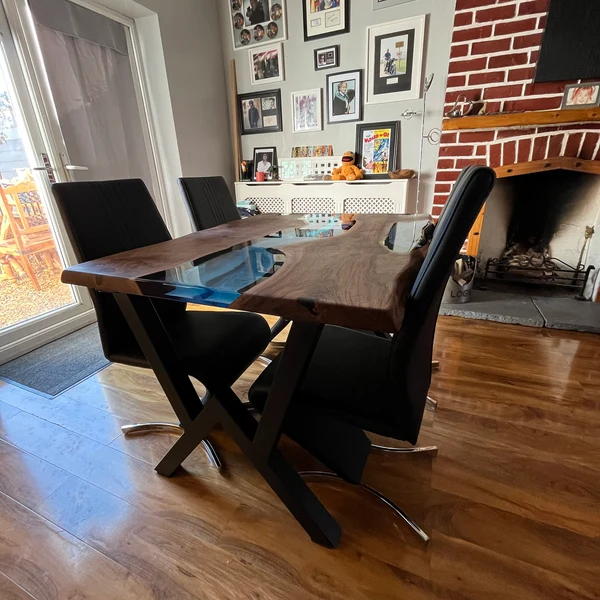 Blue Transparent Epoxy River Table with Black Walnut Wood Slab