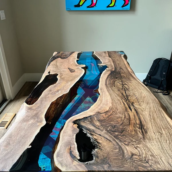 Blue Transparent River Table with Black Walnut Wood Slab Artistic Design