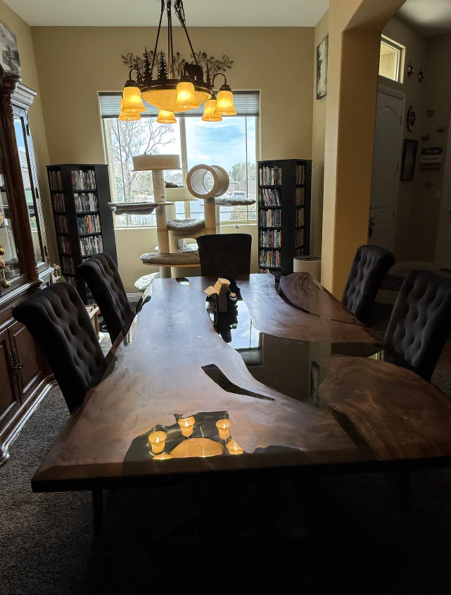 Custom Black Epoxy River Dining Table with Glossy Finish