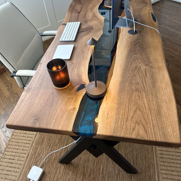 Deep Blue Glossy River Desk with Matte Wood Finish for Modern Offices