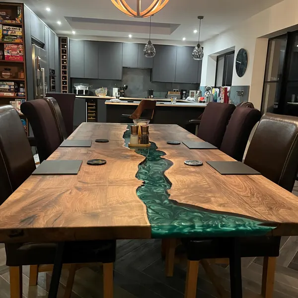 Emerald Green Resin River Table with Artistic Craft and Custom Experience