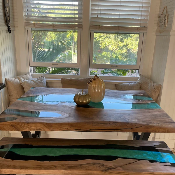 Glossy Gem Green Epoxy River Coffee Table with Custom Craftsmanship