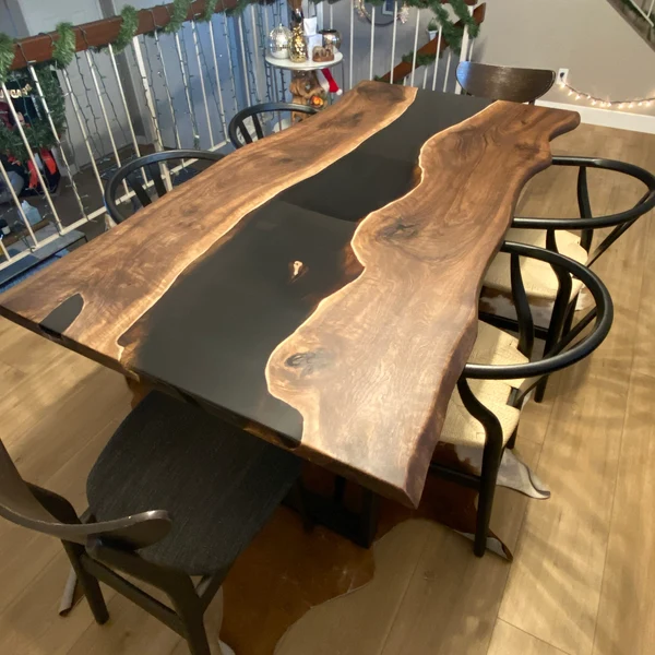 Matte Black Resin River Dining Table with Black Walnut Slab Elegance