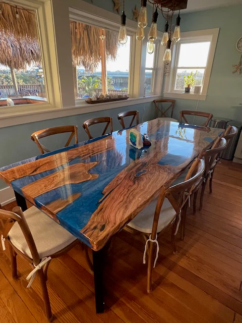 Ocean Blue Epoxy Table with Natural Wave Olive Wood Design