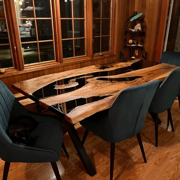 Polished Black Resin River Table Made with Black Walnut Wood