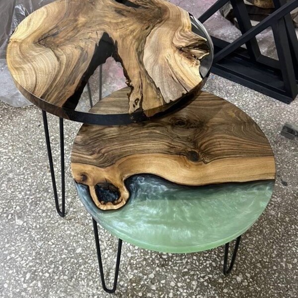 Spectacular Custom Tables with Clear and Light Green Epoxy