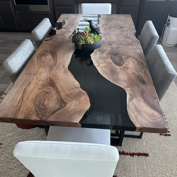 Stunning Black Resin Transparent River Rectangular Wood Table