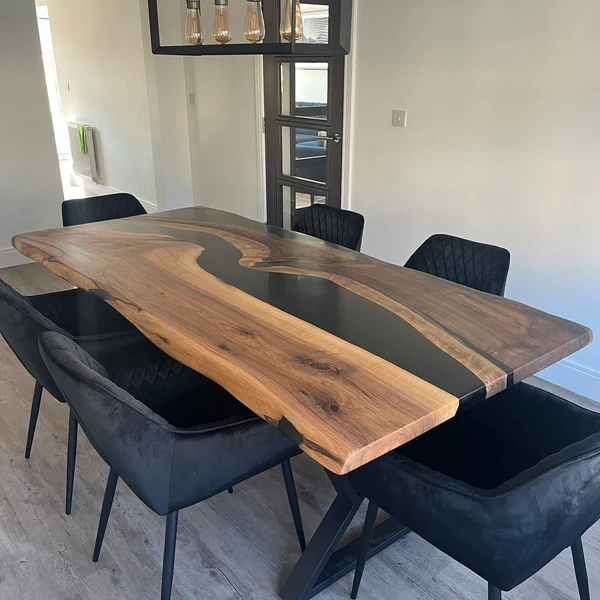 Truly Stunning Black Resin Matte River Table with Walnut Wood