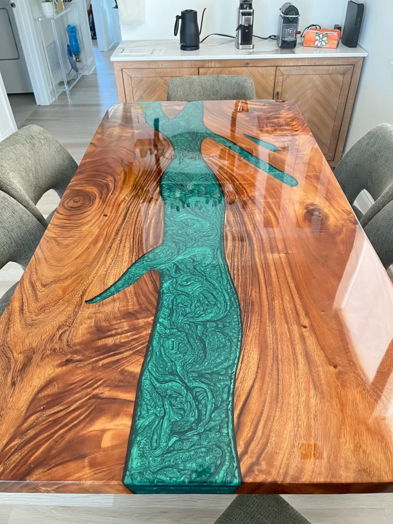 Emerald Green Glossy Epoxy River Table with Unique Design